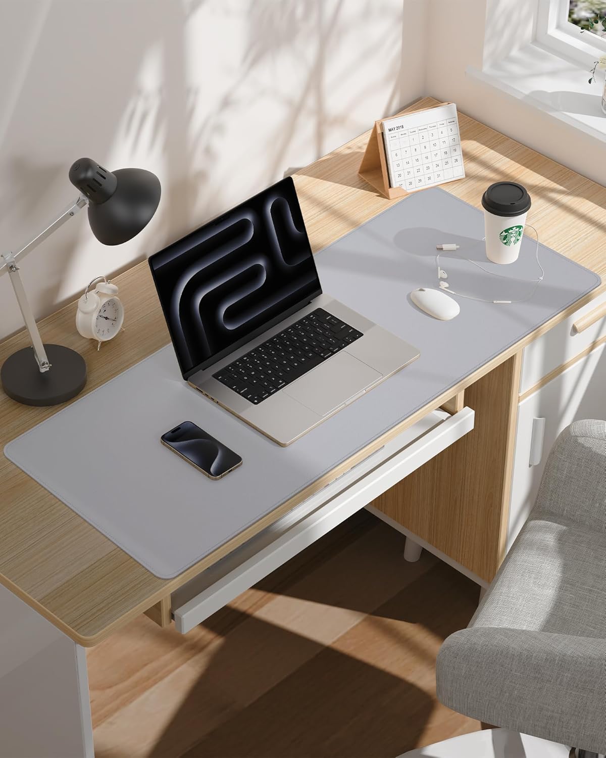 Leather Desk Pad Cover- 48" x 17" Office Desk Protector, Non-Slip PU Leather Mouse Pad, Waterproof Blotter Mat for Home (Light Grey)