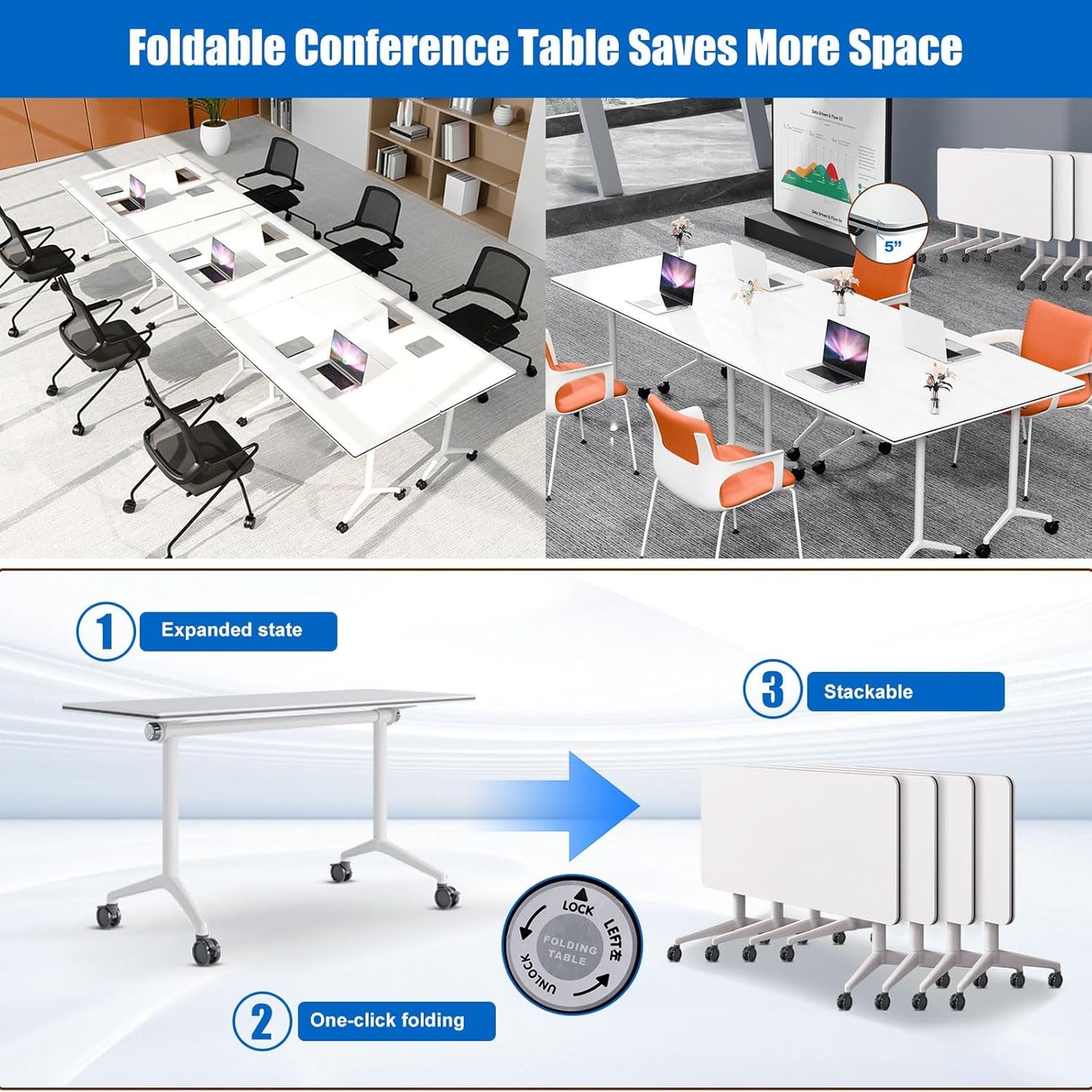 Conference Table, Folding Conference Desk Modern White, Seminar Table with Wheels, 2-10 People for Office, Meeting Break Room (2, 1915, 55IN)