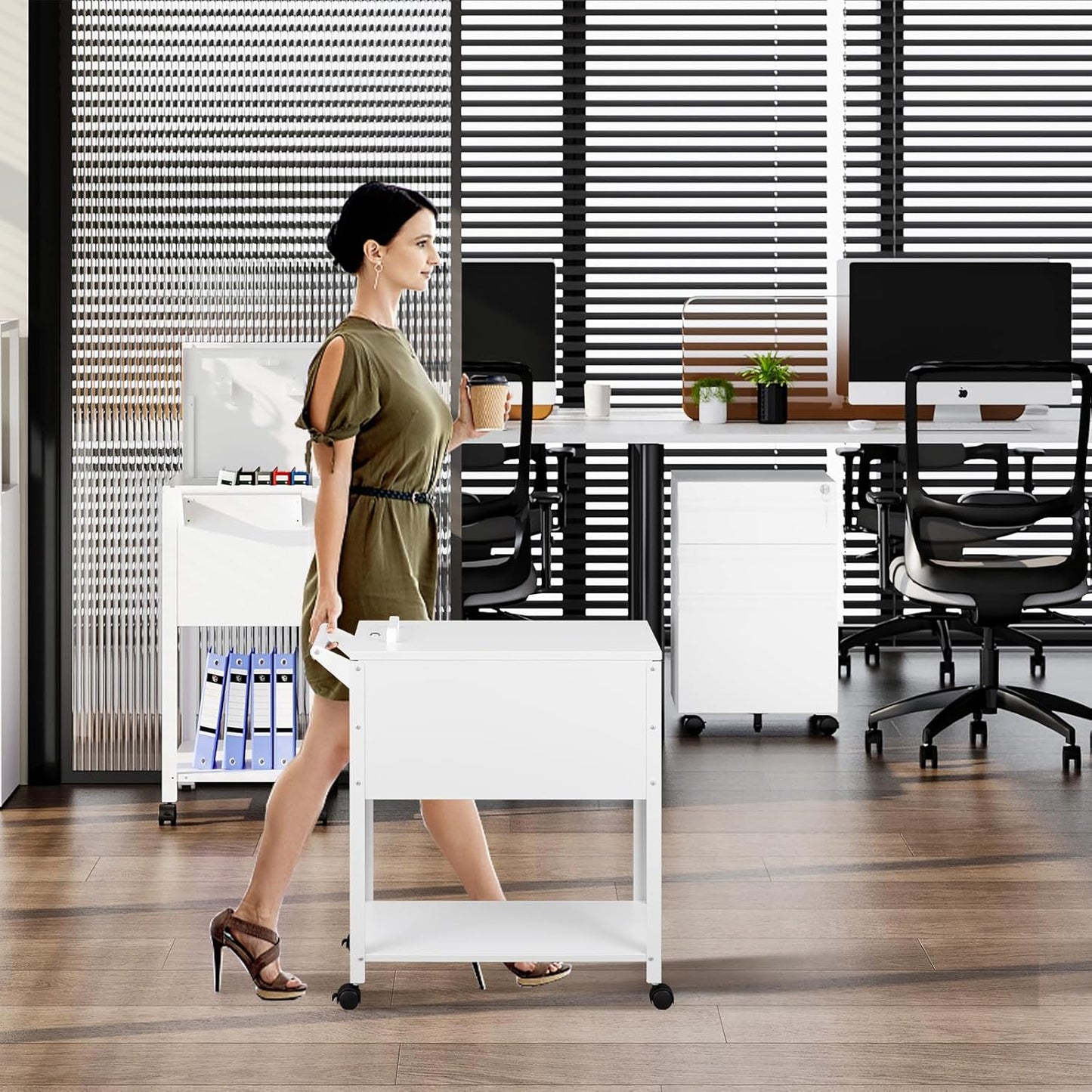 Mobile File Cart with Lock, Rolling File Cabinet Hanging Letter/Legal File Folders with Lockable Sliding Cover, White File Organizer on Wheels