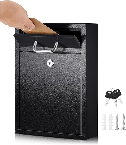 Locking Mailbox with Key for Outdoor 12.2 x 8.5 x 3 Inches Large Wall Mount Mail Box with Lock Security Mail Drop Metal Collection Boxes Hanging Secure Postbox(Black)