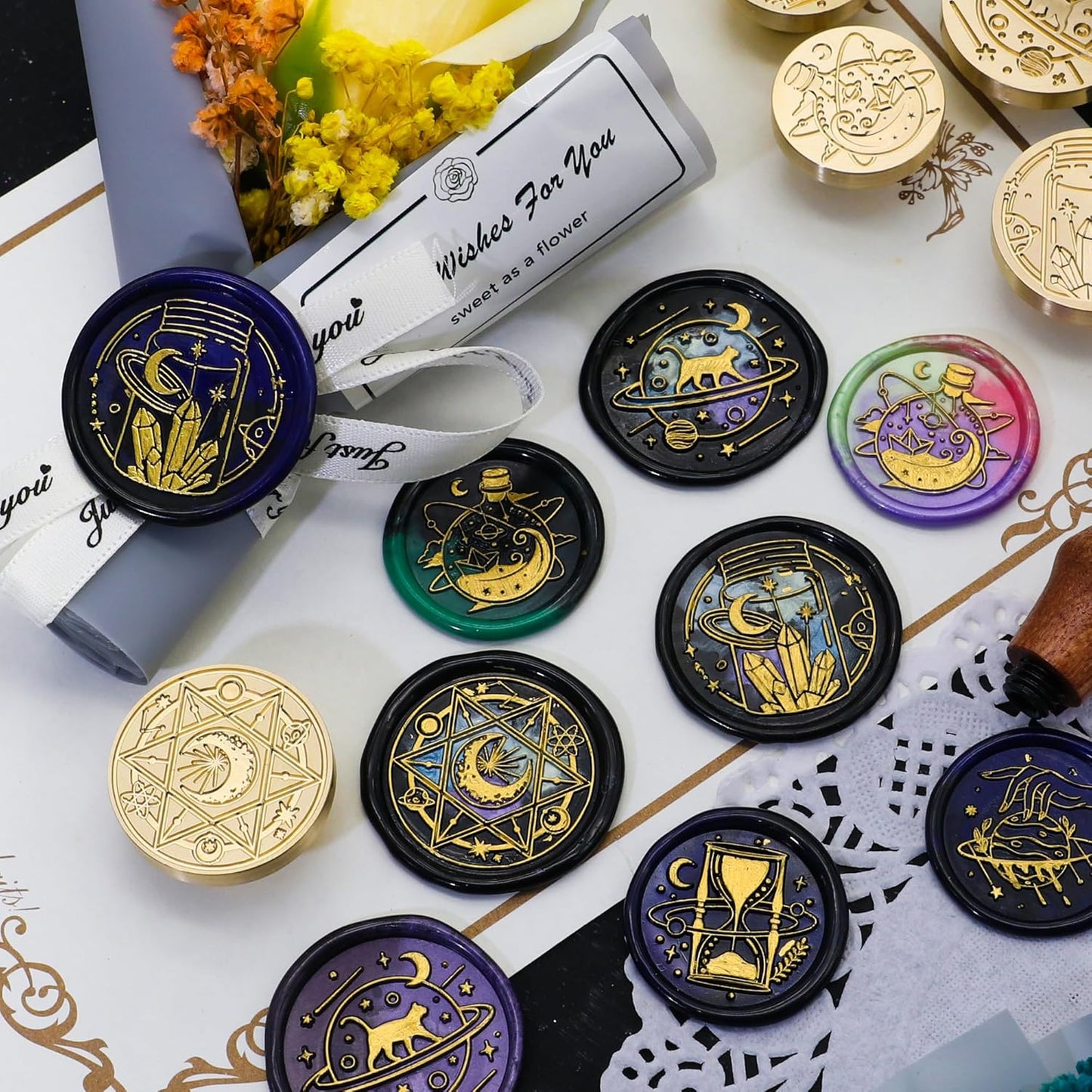 SWANGSA Magic Space Wax Seal Stamp Gift Box Set, Vintage 6 Sealing Stamp Heads + 1 Wooden Hilt, Wax Stamp Kit for Party Invitations, Envelops, Cards and Gift Packaging (Magic Space)