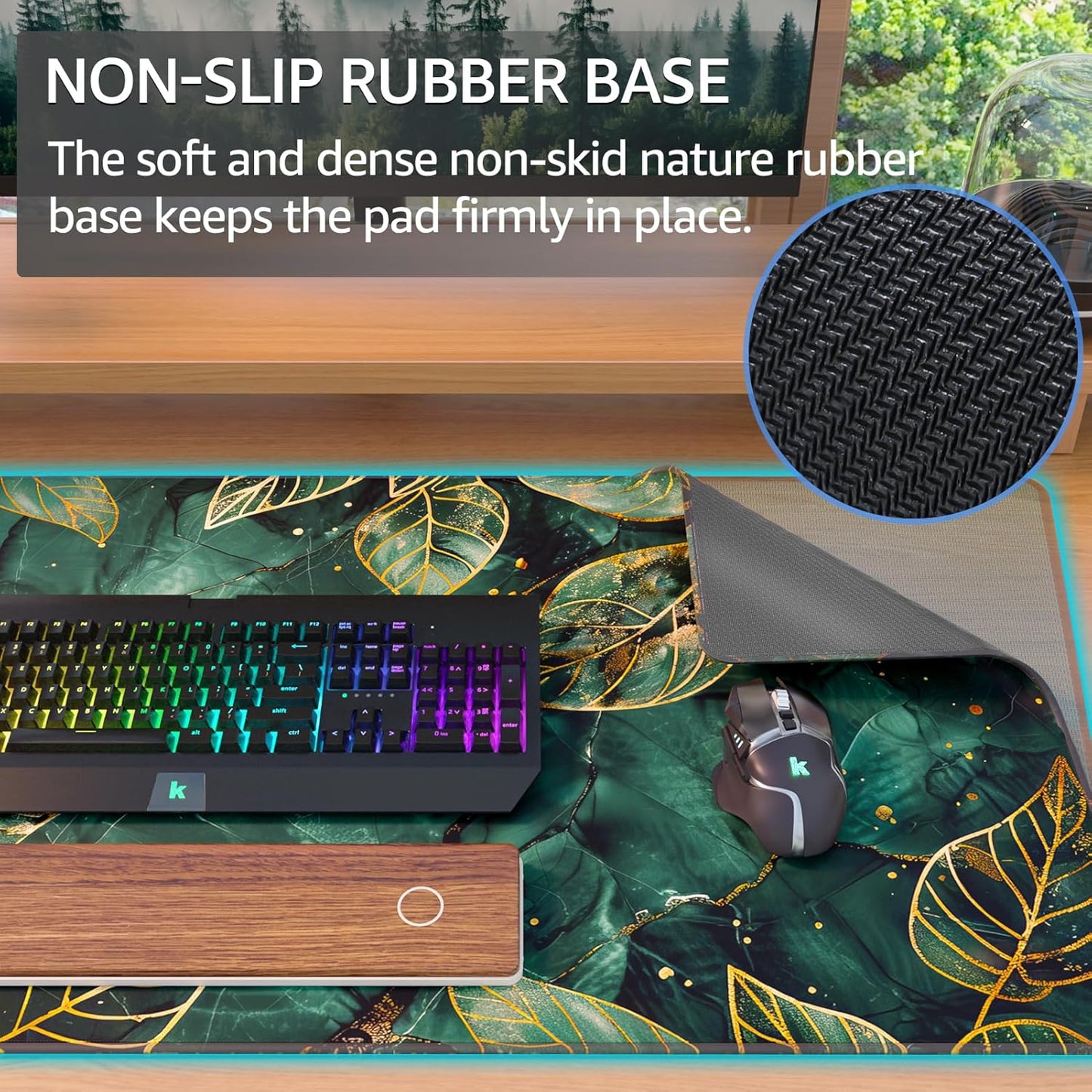 KTRIO Large Gaming Mouse Pad with Stitched Edges, Extended Mousepad with Superior Micro-Weave Cloth, Non-Slip Base, Water Resist Keyboard Pad for Gamer, Office & Home, 31.5x15.7in, Green Leaves