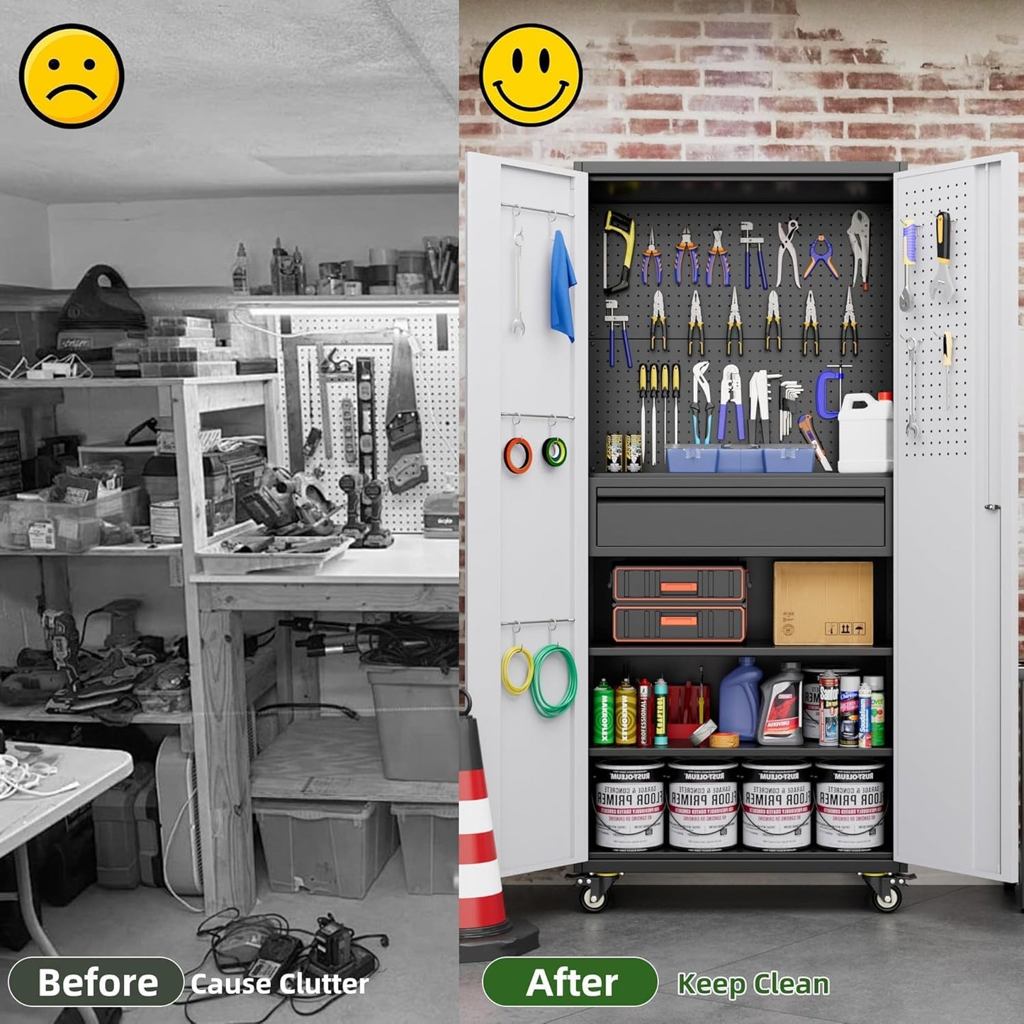 Aobabo Garage Storage Cabinet with Wheels, Metal Tool Storage Cabinet with 1 Drawer for Home,Assembly Required,Black&Grey