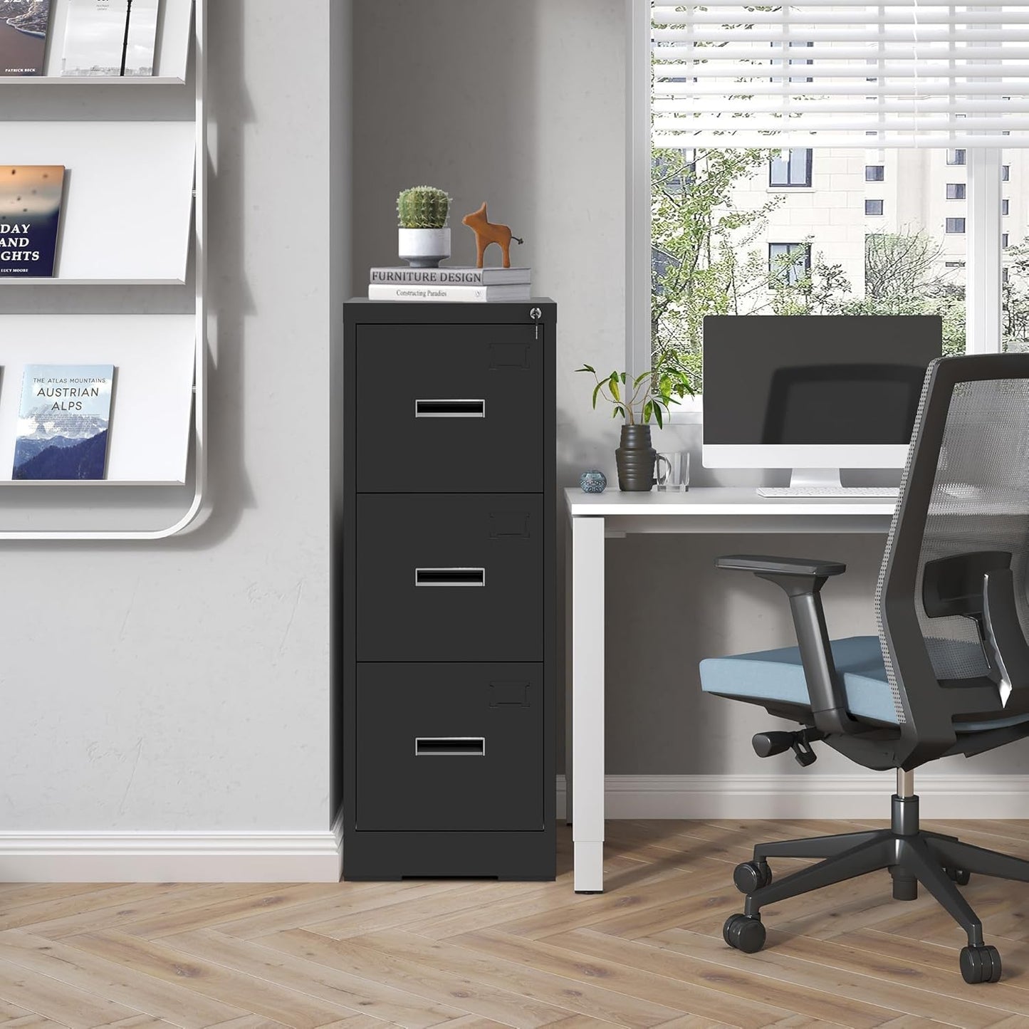 3 Drawer File Cabinet with Lock and Card Slot, Metal Vertical Filing Cabinets for Home Office, Steel Storage Cabinet for Hanging Legal/Letter Size Files, Assembly Required (Black)