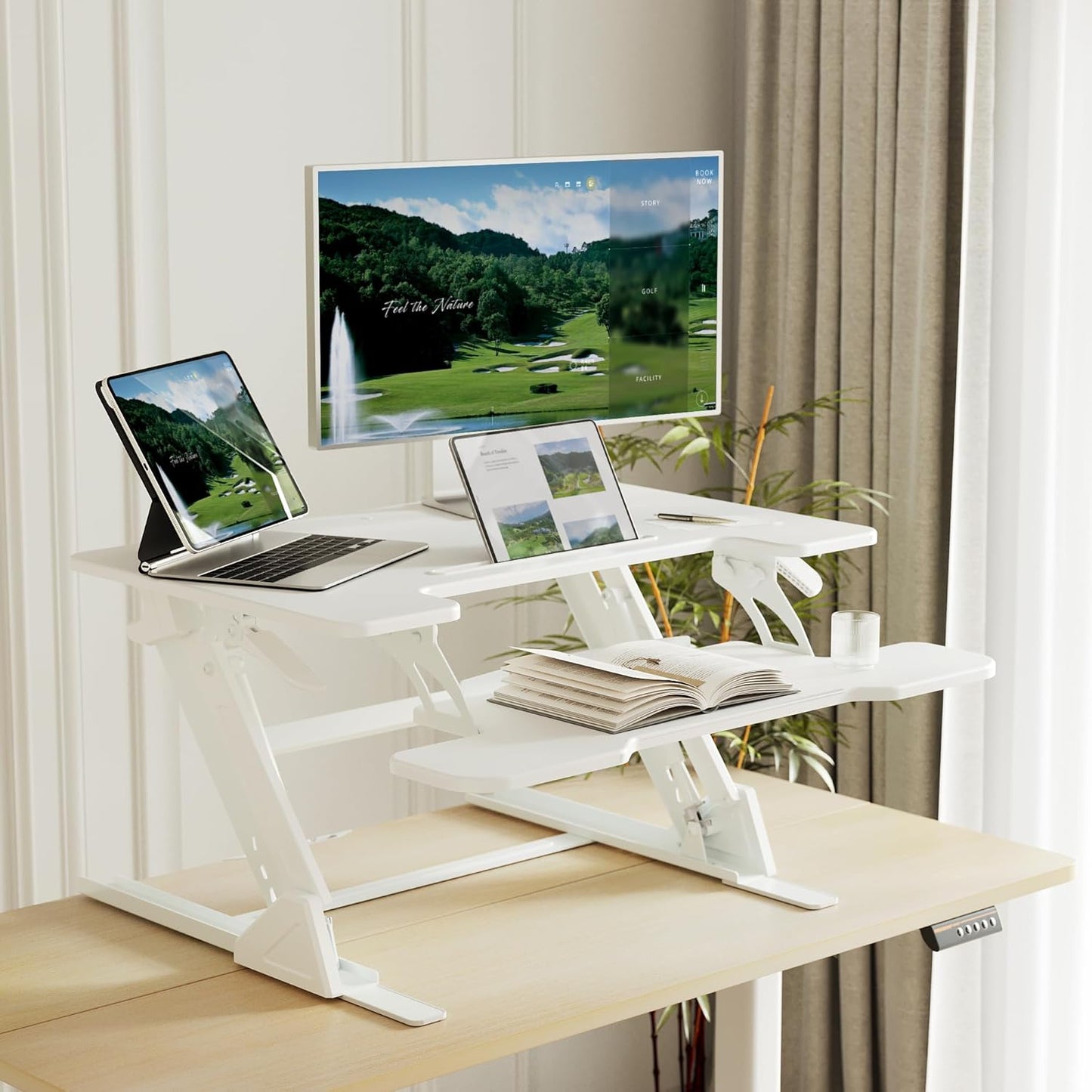 Claiks Standing Desk Converter 32 inch, Height Adjustable Sit Stand Up Desk Riser, Quick Sit to Stand Tabletop Dual Monitor Riser Workstation for Home Office with Keyboard Tray, White