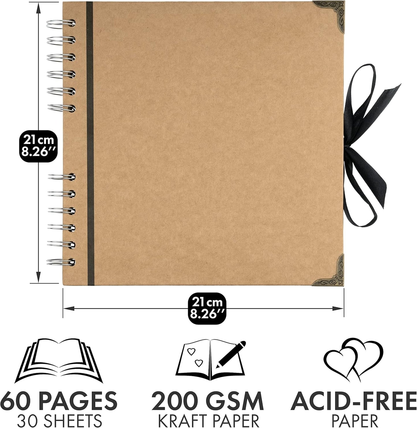 Bstorify Scrapbook Album 60 Pages (8 x 8 Inch) Brown Thick 200gsm Kraft Paper, Photo Album Scrapbook, Memory Book - Ideal for Your Scrapbooking Albums Art & Craft Projects