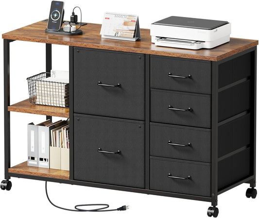 6 Drawer File Cabinet with Charging Station Rolling Printer Stand with Open Storage Shelf Fabric Lateral Filing Cabinet for Home Office,Rustic Brown