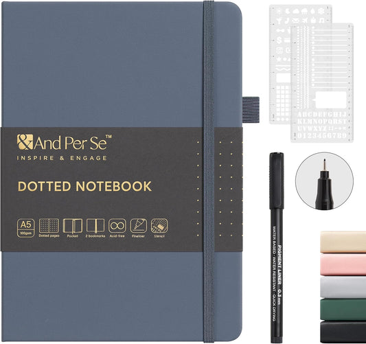 &And Per Se Bullet Dotted Journal Notebook, A5 Leather Hardcover, 176 Numbered Pages 100GSM Thick Dotted Paper, 2 Sheets of Stencils Included - 5.7'' x 8'' (Dark Blue)