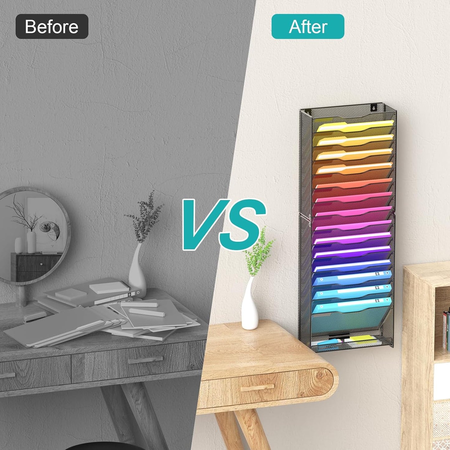 Wall File Organizer, 16-Tier Mesh File Holder, Vertical Document Rack For Home, School, and Office Use (Black)