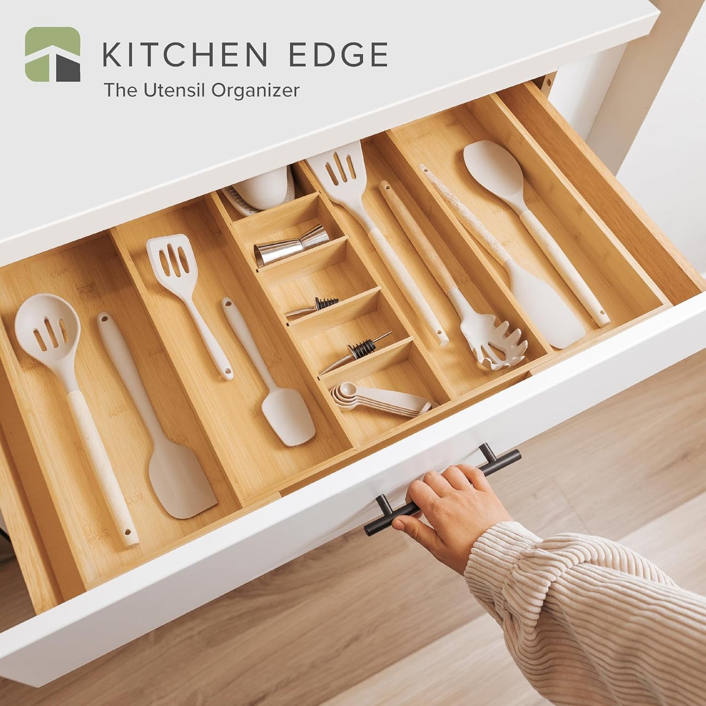 Adjustable Kitchen Drawer Organizer for Utensils and Junk, Food-Safe Contract Grade with 100% Sustainable Wood, Expandable from 16 to 28 Inches Wide - Natural Bamboo
