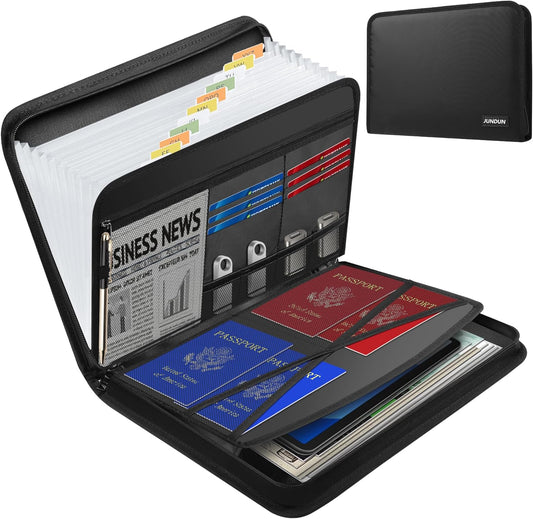 JUNDUN Accordion File Organizer - Fireproof Accordion Folder with Zipper & Labels - 13 Pocket Expanding File Folder with Multi-Pockets Document Organizer Folder for Letter A4 Files | Receipt and More