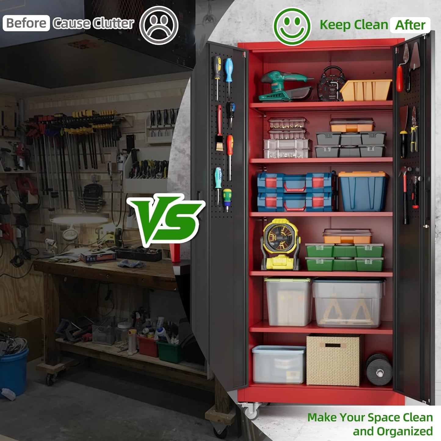 Aobabo Upgraded Garage Storage Cabinets with Wheels,Metal Storage Cabinets with 5 Adjustable Shelves for Garage Home Office Storage, Red-Black,71''H*32''W*16''D,Assembly Required