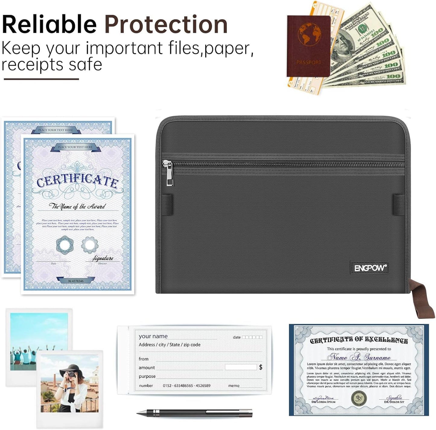 ENGPOW Accordion File Organizer,Fireproof 13 Pockets Expanding File Folder,Document Organizer Folder with Zipper＆Labels,Portable Home Travel Safe Storage for Letter A4 Files and More,Gray