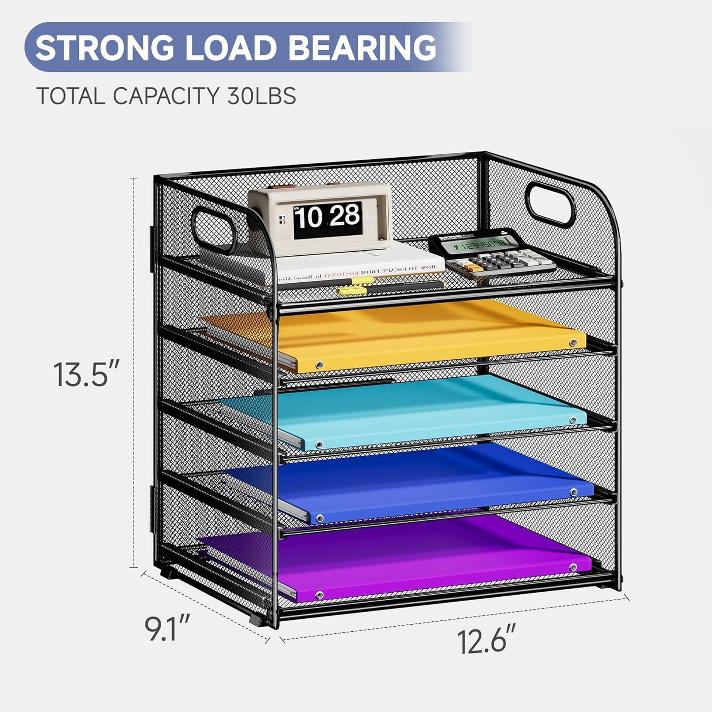 5 Tier Paper Organizer with Handle, Metal Mesh Desk Organizer File Folder Paper Letter Tray Desktop Document Sorter for Classroom, School, Office Accessories Organization and Storage - Black