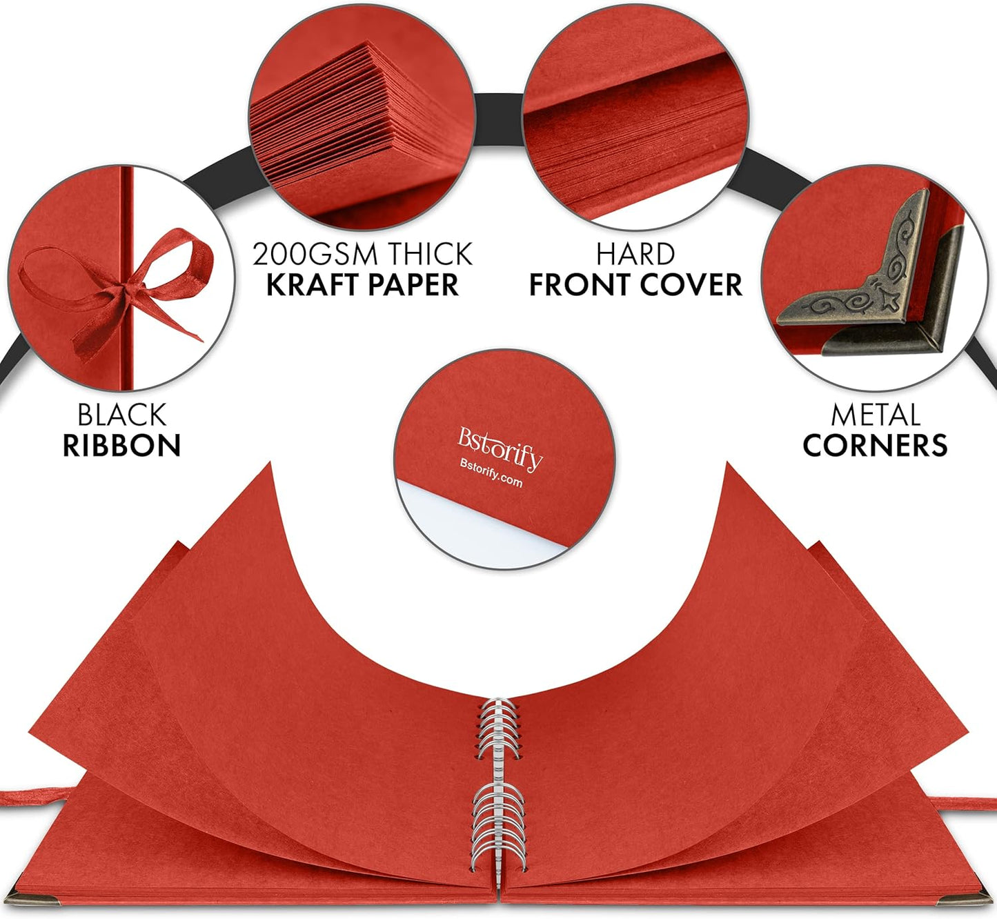 Bstorify Square Scrapbook Photo Albums 8 x 8 Inch Red Thick Paper, Hardcover, Metal Corners, Ribbon Closure - Ideal for Your Scrapbooking Albums, Art & Craft Projects