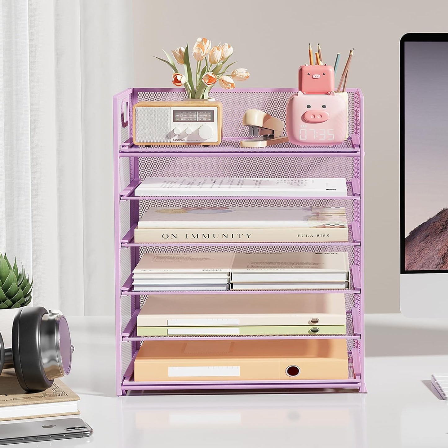 Subekyu 6-Tier Desk Paper Organizer, Desktop File Letter Tray with Handle, Document Sorter and Accessories Holder for Office, Home and School Workspace Organizers, Purple-2 Pack