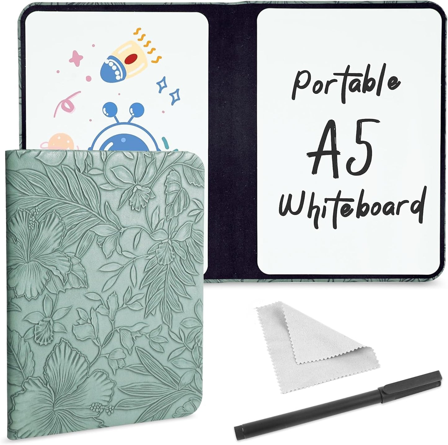 Portable Small White Board Dry Erase Board, Reusable 9.5 * 6.6in Notebook Memo, Office Home Supplies Desk Accessories(1-Carved Green)