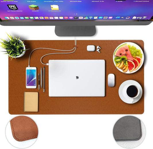 Leather Desk Mat Protector, Office Desk Pad Cable Organizer, Large Mouse Pad, Non-Slip PU Leather Desk Blotter, Laptop Desk Mat Pad, Waterproof Desk Matt Desktop (Brown 13.8" x 23.6")