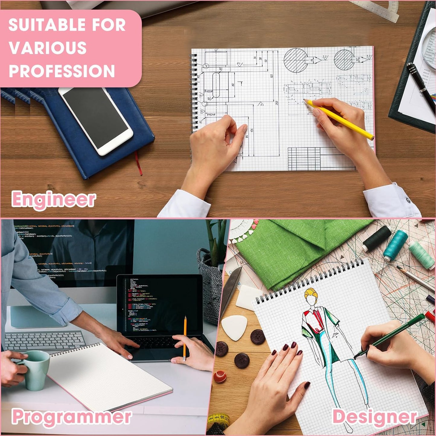 1 Pack Top Spiral Graph Paper Notebooks 8.7 X11.4 Inch A4 Grid Paper Notepad 70 Sheet Memo Steno Pad for Engineering Writing Sketching Drawing School Office Supplies (Pink)