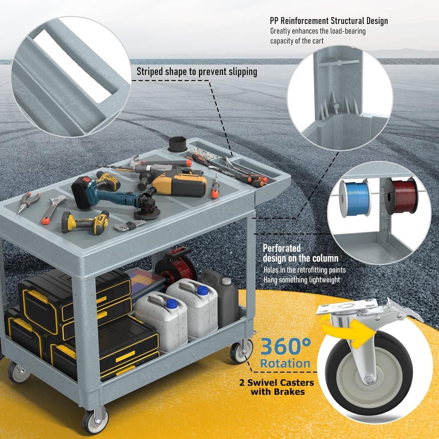 2 Tier Rolling Utility Cart on Wheels, 550 lbs Capacity Flat Top Plastic Service Cart with Lipped Shelves, 46 x 26-Inch Heavy Duty Work Cart for Warehouse, Garage, Cleaning, Gray