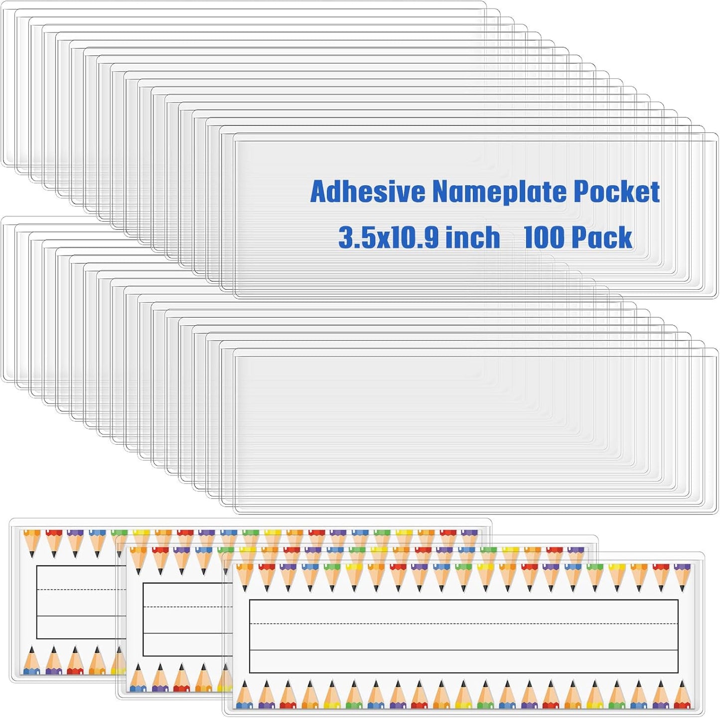 Jeyiour 100 Pcs Label Holders Adhesive Nameplate Pockets Storage Bin Labels Index Card Holder Shelf Plastic Peel Stick for Classroom Supermarket Bookshelf Library Student Box Drawer (3.5 x 10.9 Inch)