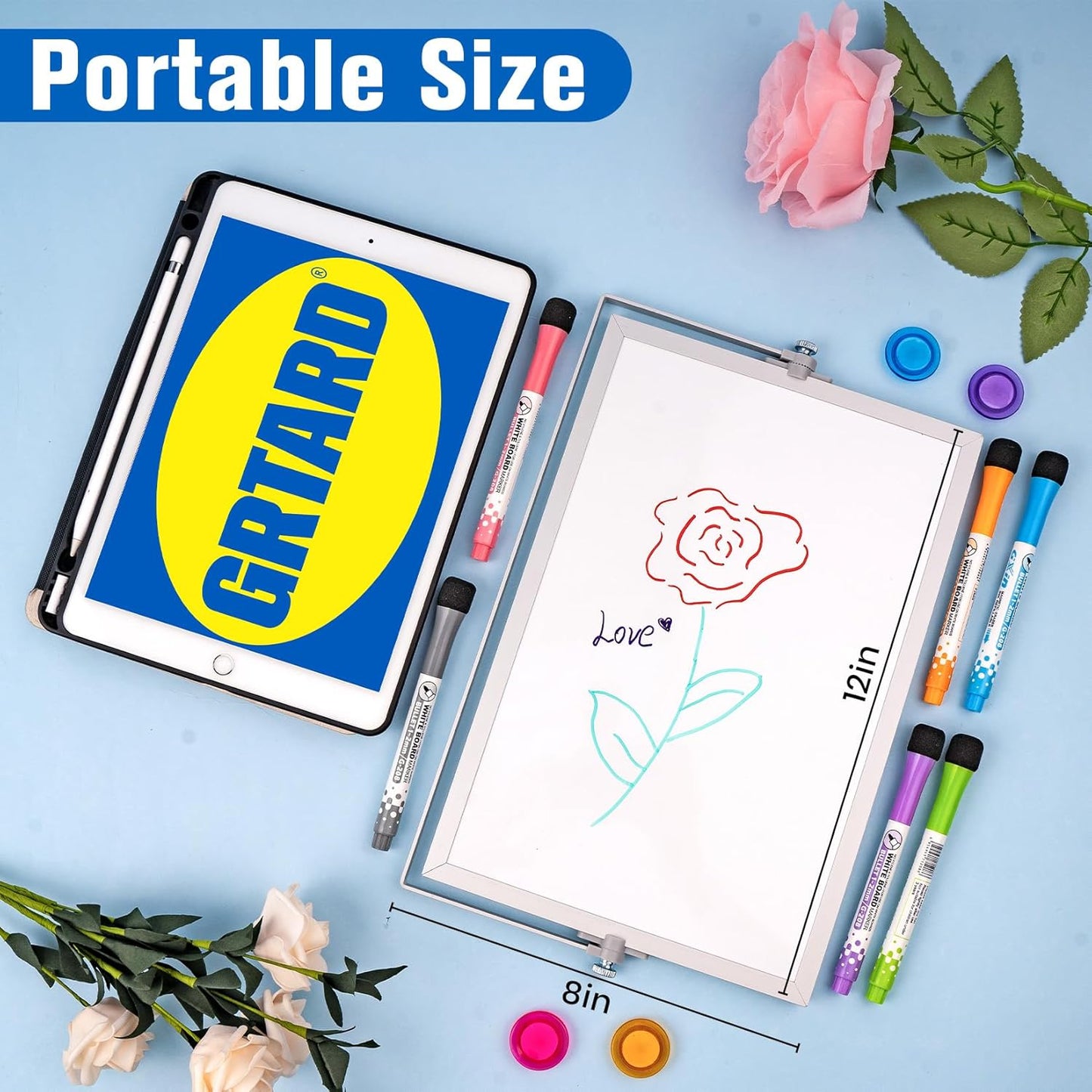 Grtard Magnetic Dry Erase White Board with Stand, 12''x8'' Double-Sided White Board for Kids, Desktop Whiteboard with Stand, Magnetic WhiteBoard Portable, Dry Erase Board for Kids, ToDo, Drawing