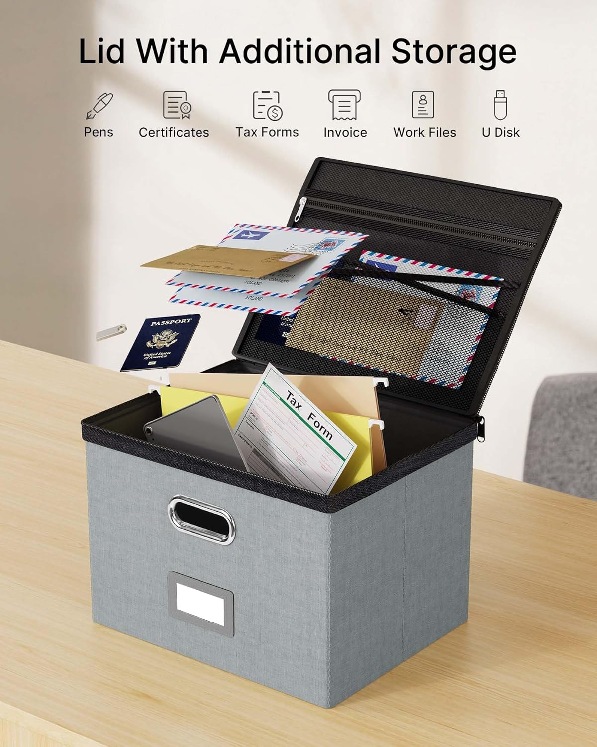 Oterri 1 Pack Large File Organizer Boxes with Lids, File Box with Mesh Pockets, Document Organizer Box for Letter/Legal Size Folders, Zippers Important Document Organizer (Grey, Without Folders)