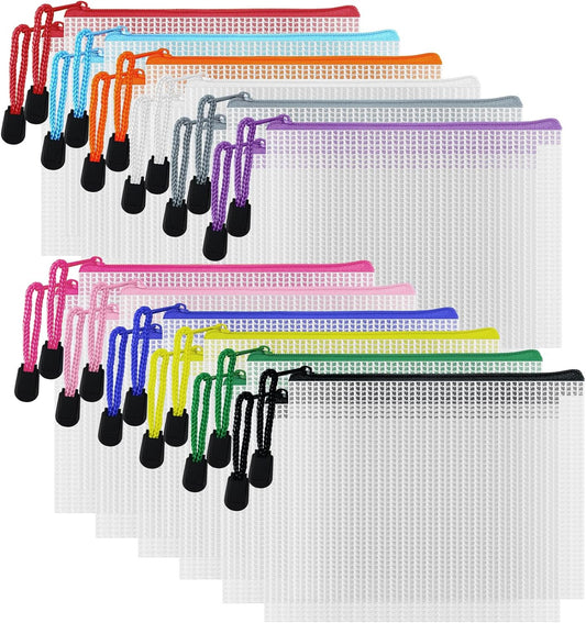 D-KINGCHY 24Pcs Zipper Storage Bags, Plastic Mesh Zippered Pouch for Organization, Waterproof Versatile Bags for Office Supplies School Travel