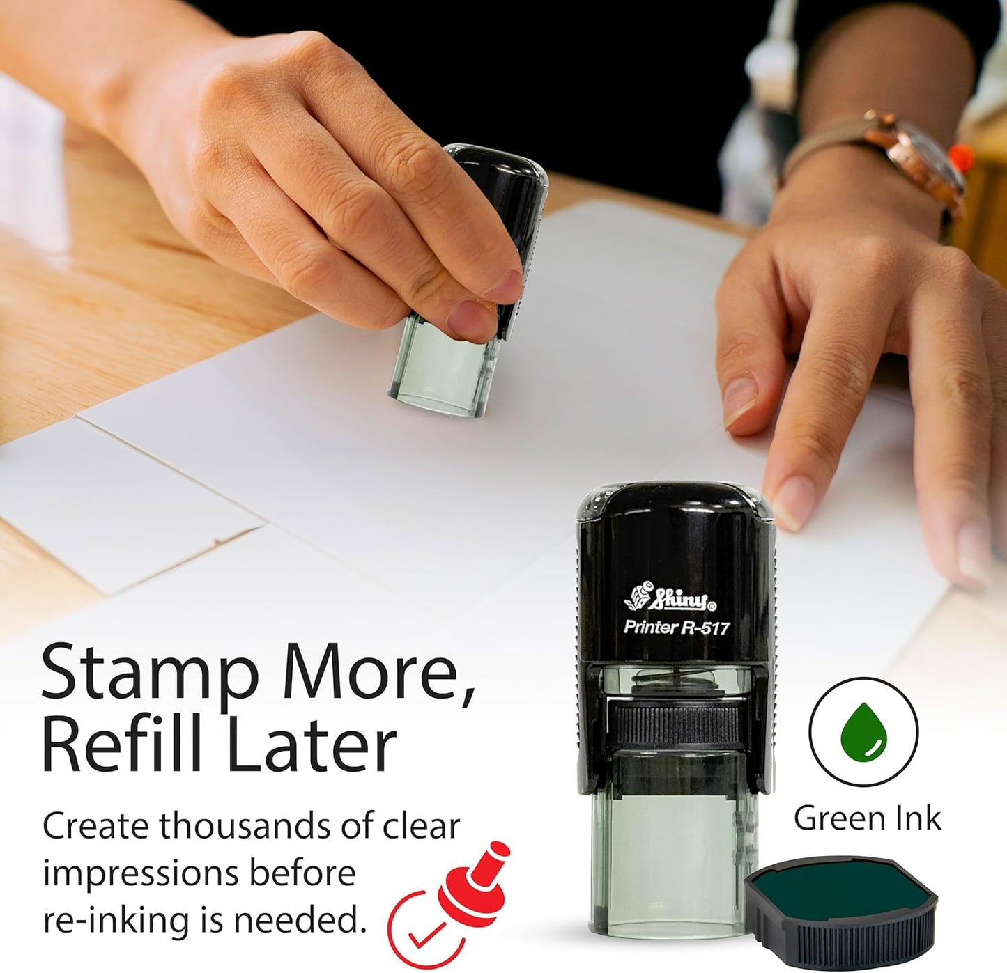 Shiny Well Done Teacher Stamp, Round Self Inking Stamp for Classroom, Green Ink