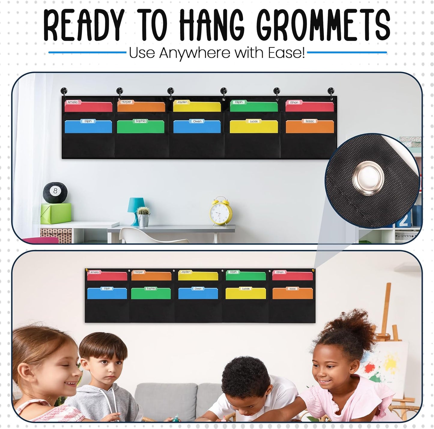 Essex Wares - 10 Pocket Horizontal File Hanging Paper Organizer for Letter Documents, Black, 69.5" Wide x 15.5" - Hanging Pocket File Organizer - Black Pocket Chart for Classroom & Office - 10 Pockets