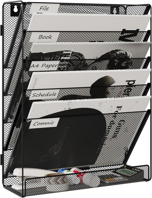 6 Tier File Wall Mounted Magazine Rack with Tray Mesh A4 Paper Organiser Mail Holder Storage No-Side, Black