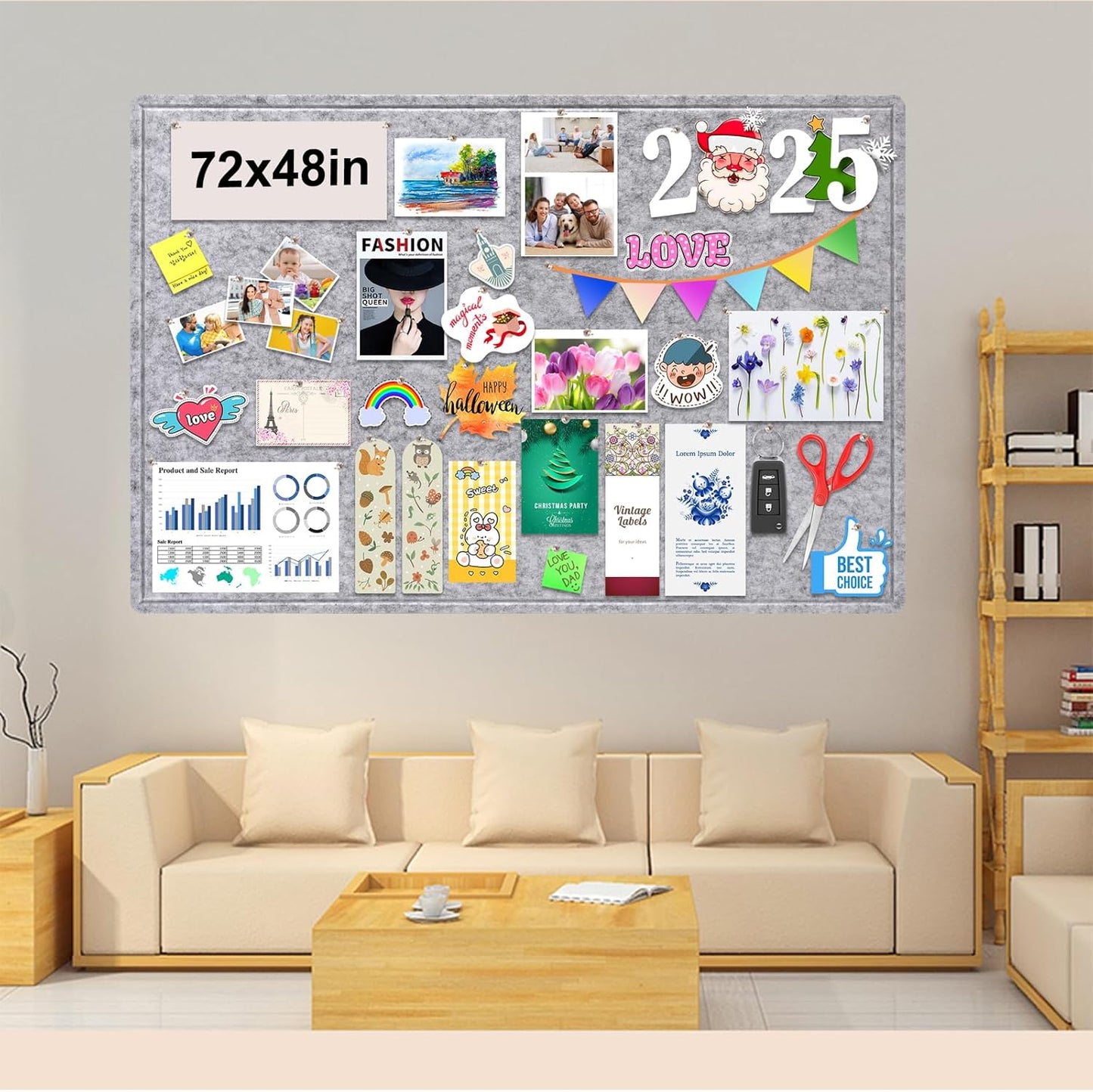 Large Bulletin Board, 72x48 Inches Cork Board Alternative, Large Felt Board Decorative Pin Board for Wall, Foldable Photo Board Self-Adhesive Vision Board with 36 Pushpins Light Gray