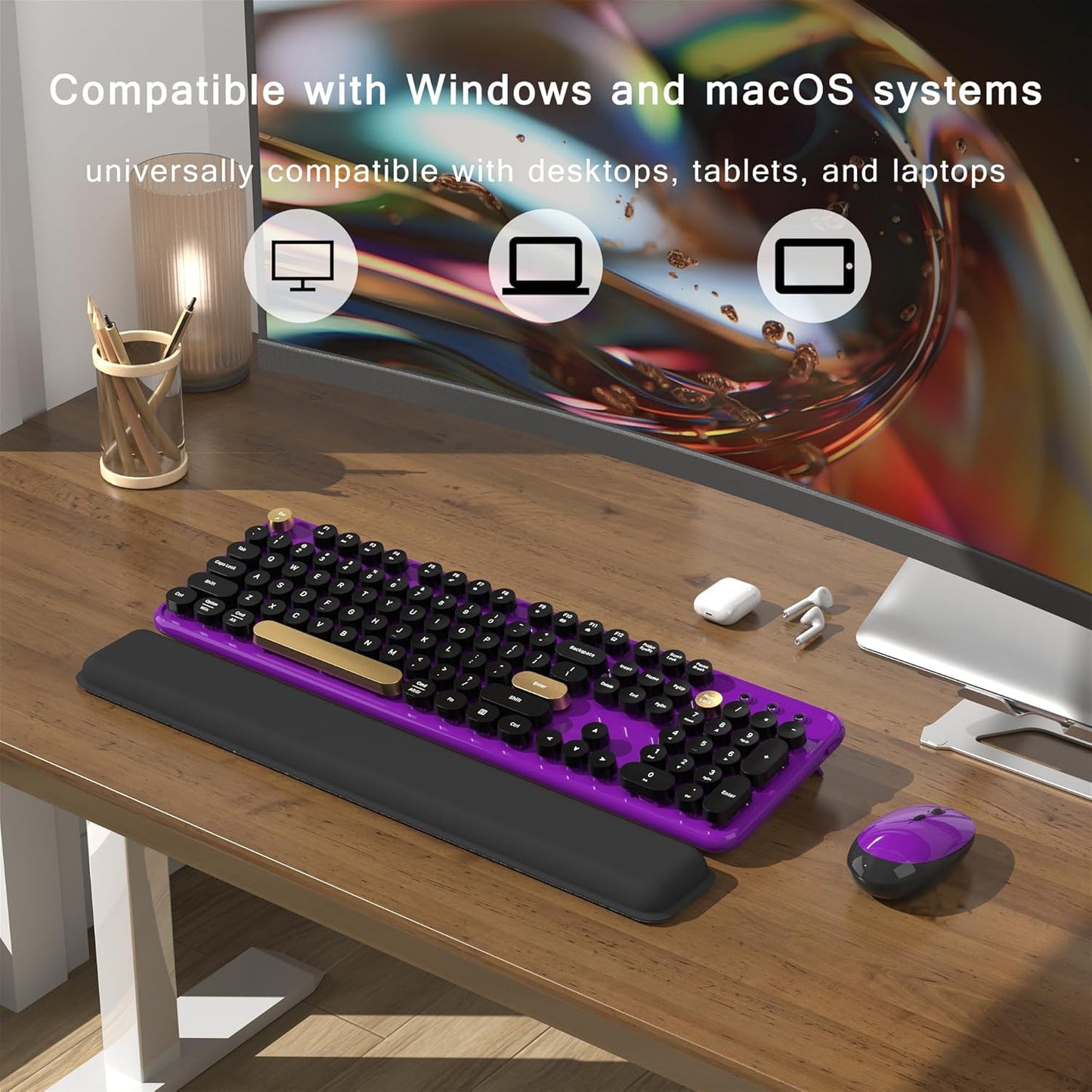 Colorful Wireless Computer Keyboard and Mouse Combo with Round Typewriter Keycaps, Retro Design, Power Switch, Ergonomic Design, 2.4GHz Wireless for Windows, Mac, PC(Black-Purple)