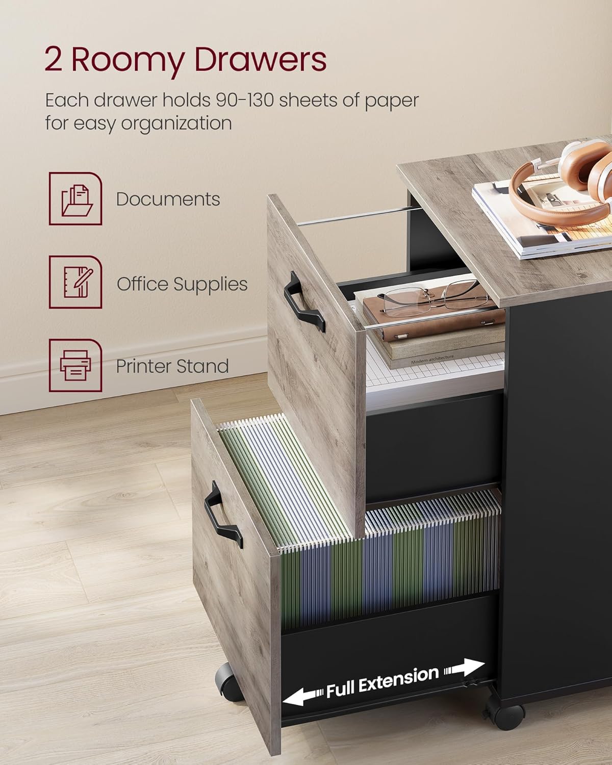 VASAGLE 2-Drawer File Cabinet, Small Rolling Filing Cabinet for Home Office, Printer Stand, for A4, Letter-Size Documents, 15.7 x 16.5 x 27.6 Inches, Heather Greige and Ink Black UOFC040B02