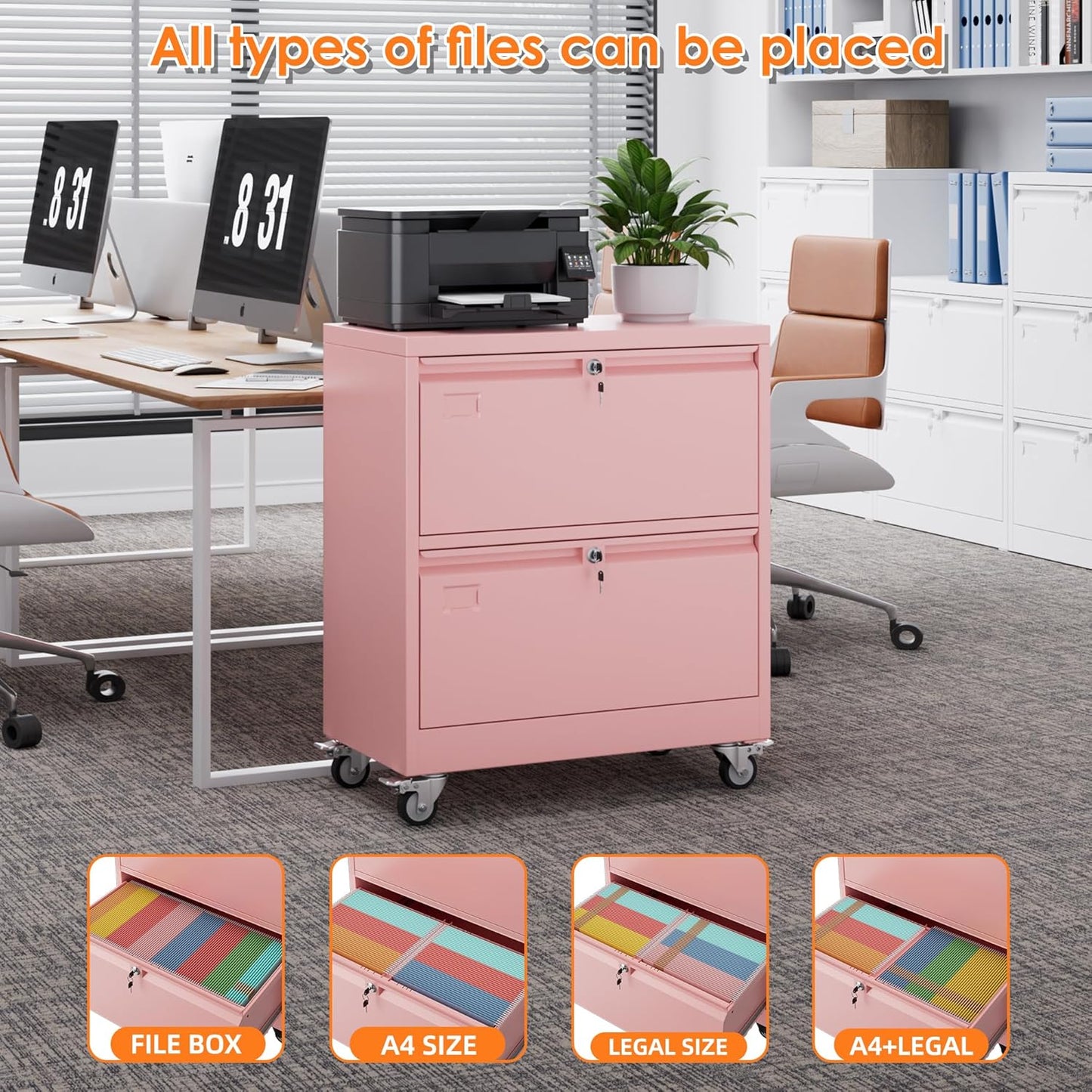 Aobabo Metal 2 Drawer Lateral File Mobile Cabinet with 2 Lock, File Cabinet with Wheels and Adjustable File Bars for Office, Home, for Letter/Legal Size, Pink, Assembly Required