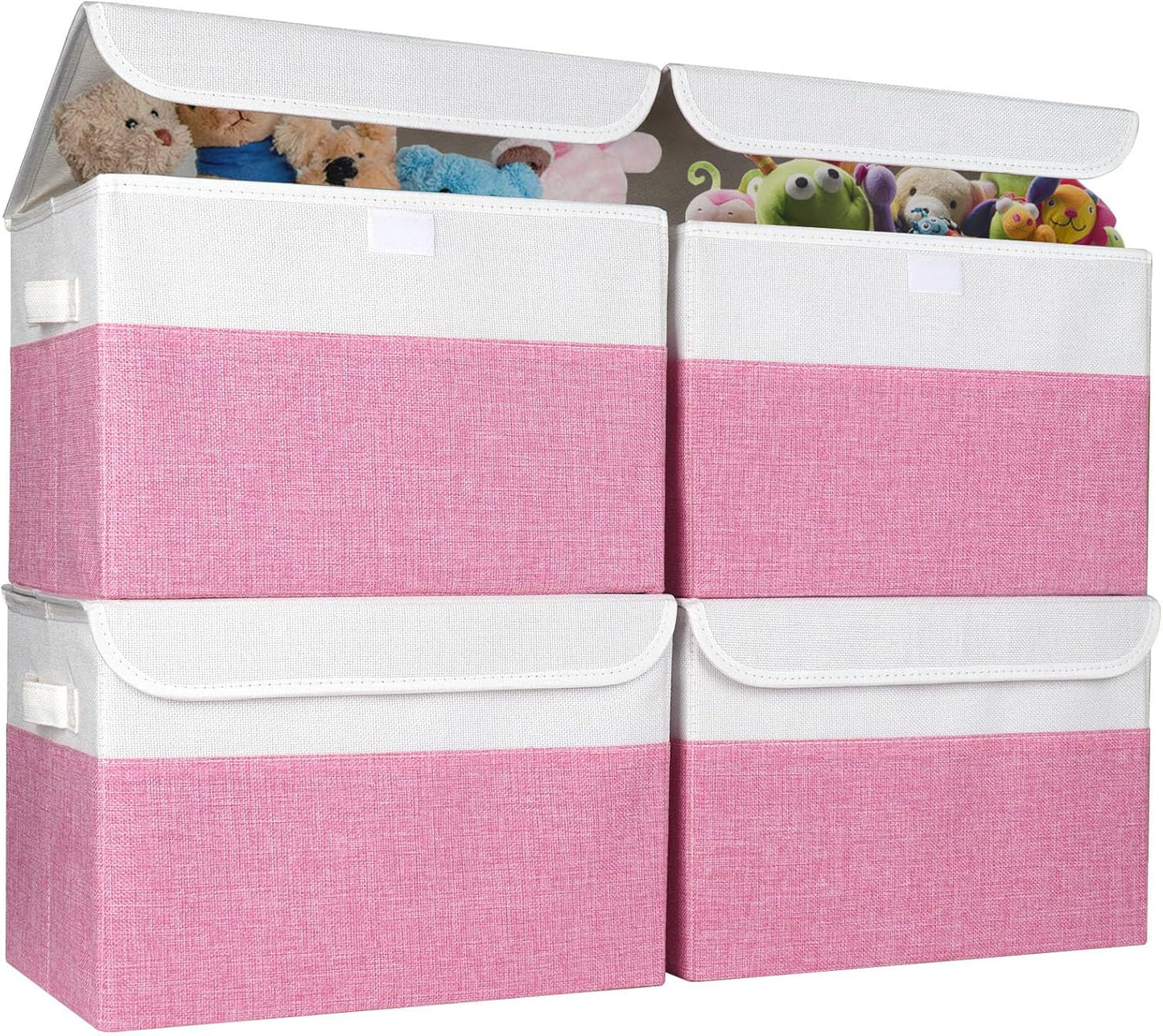 Large 22 Quart Linen Fabric Foldable Storage Bin Cube Organizer Basket with Flip-Top Lid & Handles, Clothes Blanket Box for Home, Office, Closet, Pink & White, 4 Pack 14.6 x 9.5 x 9.5