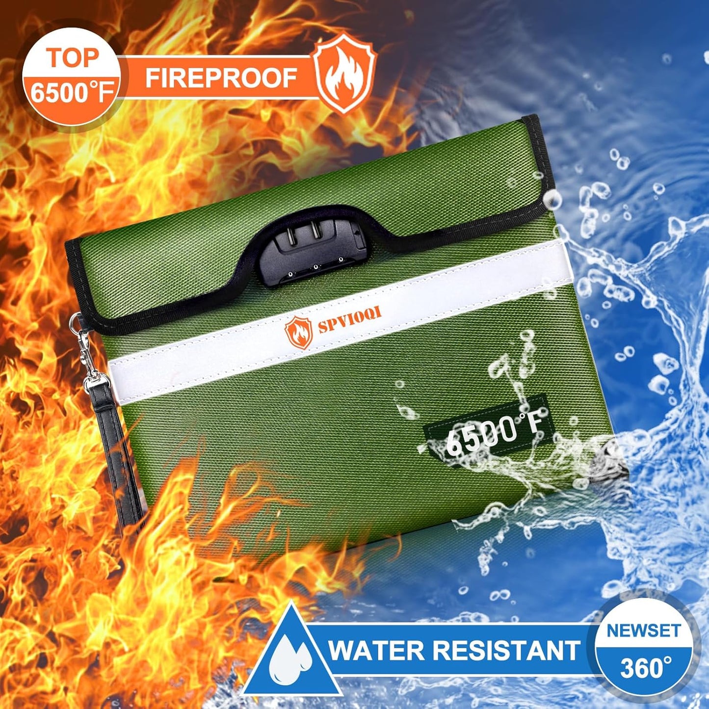 Upgraded 6500°F Fireproof Document Bag with Lock, Fireproof Money Bag for Cash w. Zipper/Reflective Strip, 10Layers of Heat Insulated Materials, Water Resistant Fireproof Bag for Documents, Fire Bag
