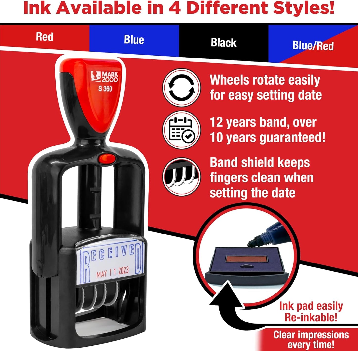 Self-Inking Rubber Date Office Stamp with Approved Phrase - Blue Ink - 12-Year Band