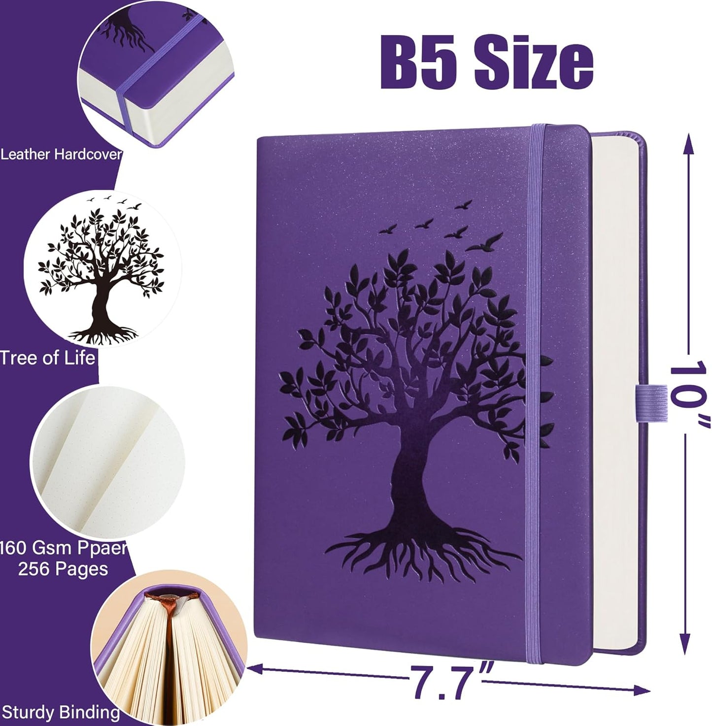 ZXHQ B5 Bullet Dotted Journal Notebook for Women:150gsm Thick Paper, 256 Pages, Dot Grid Hardcover, Tree of Life Design, Fine Inner Pocket - 7.7" × 10" Purple