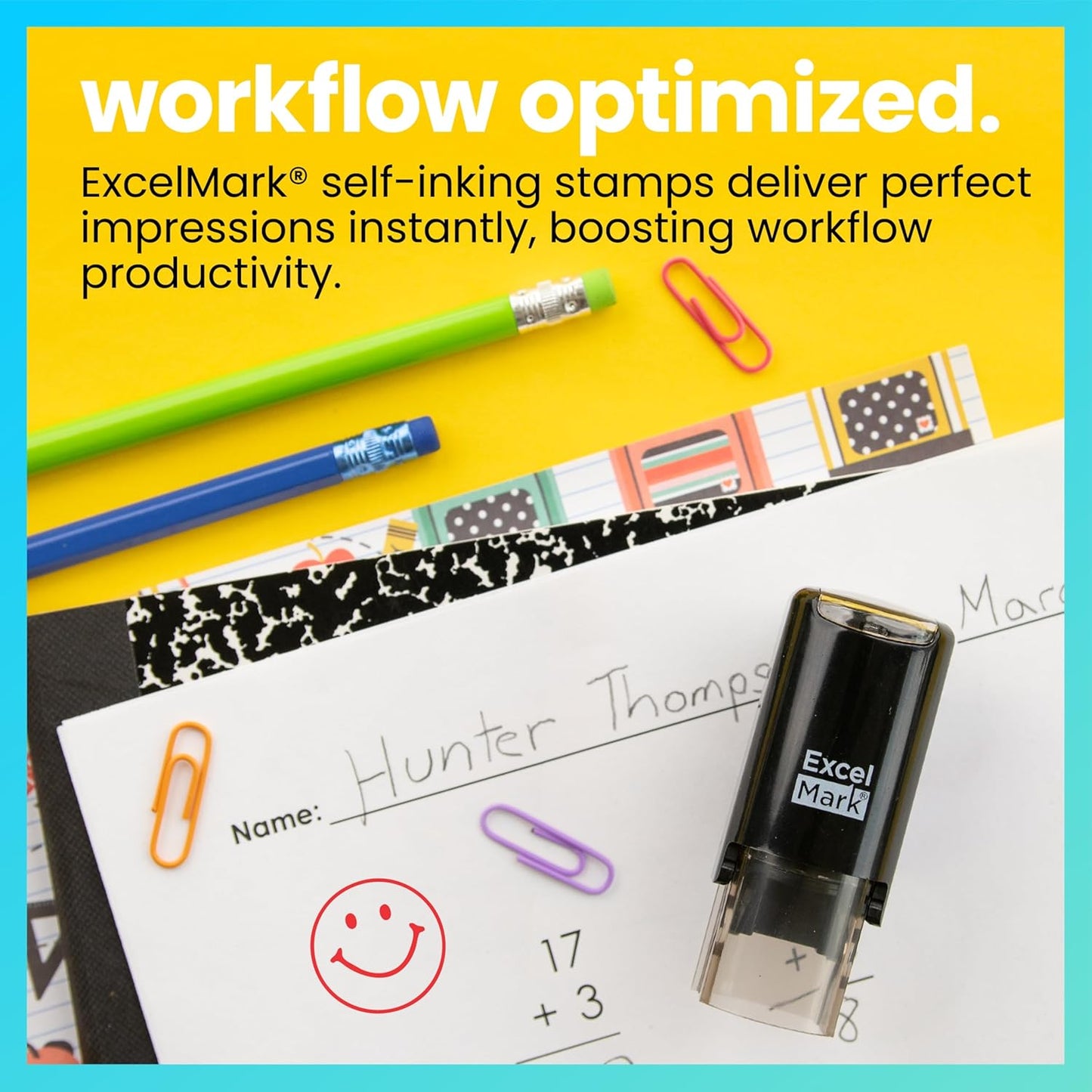 ExcelMark Round Teacher Stamp - Smiley FACE 1 - RED Ink