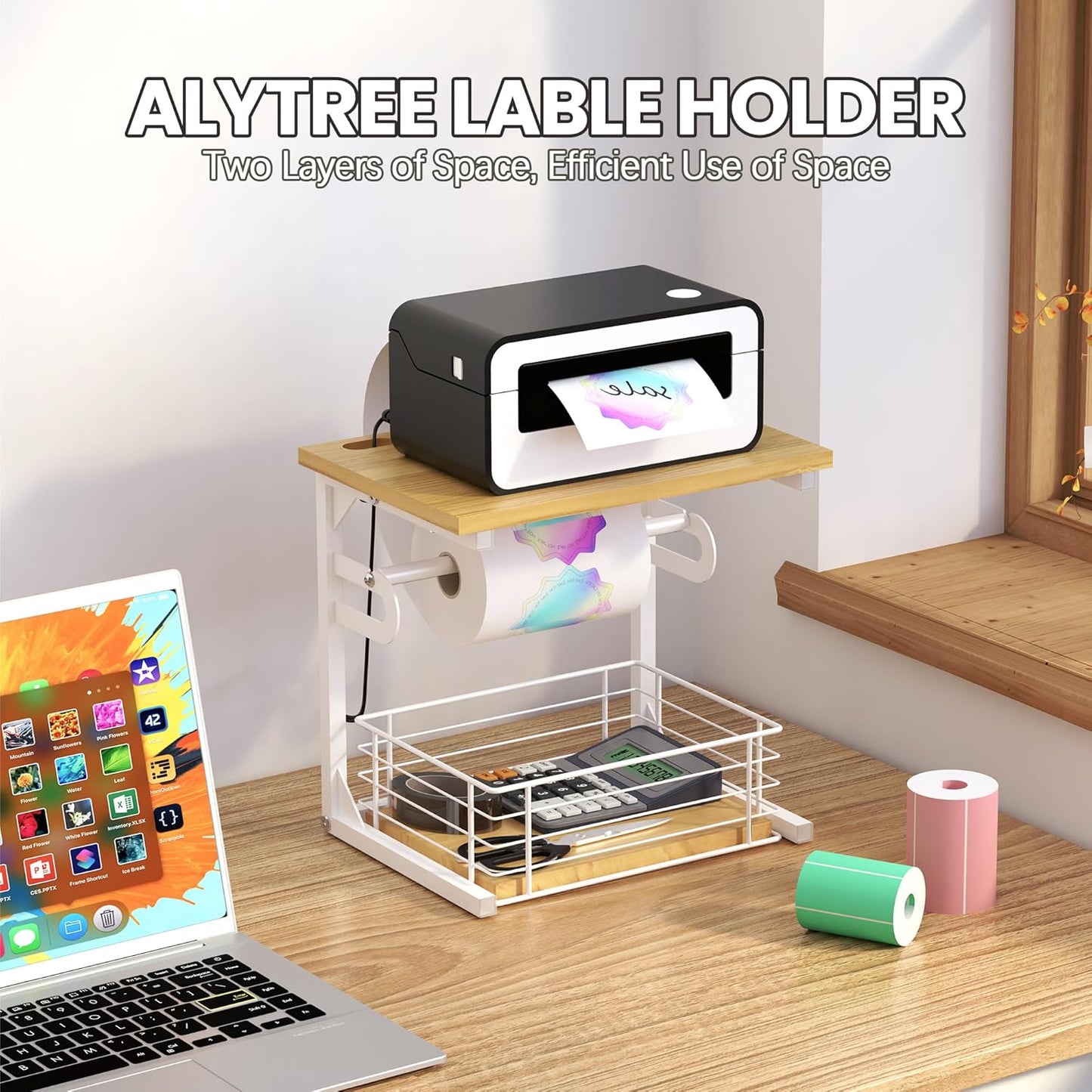 Label Holder for Rolls and Fan-Fold Labels, Wooden Thermal Sticker Roll Holder for Desktop Thermal Label Printer, Solid Shipping Label Holder & Desktop Label Printer Accessory Supplies, White