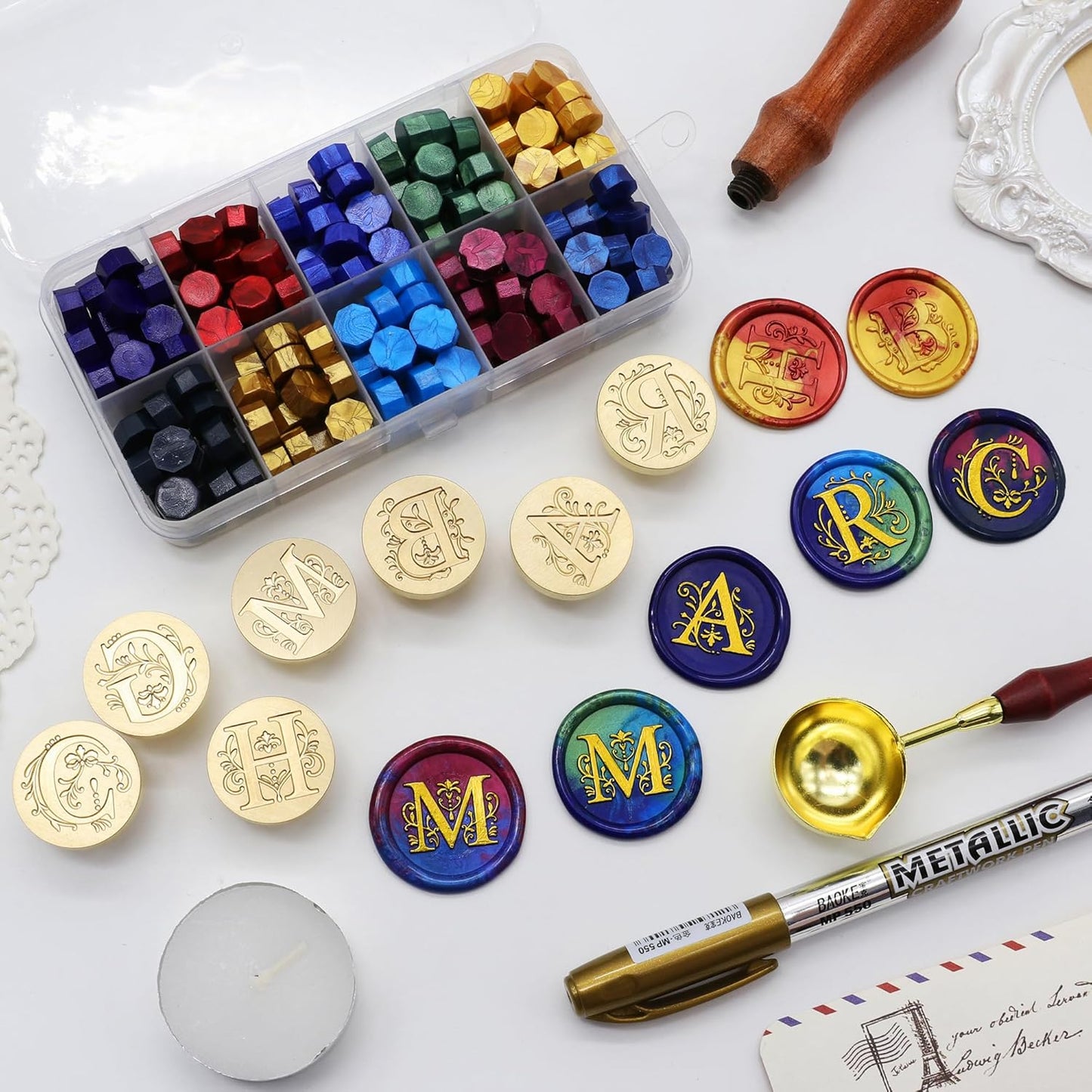SWANGSA Initial Alphabet L Wax Seal Stamp Kit, Classic Retro Letter Sealing Stamp with 200pcs Sealing Wax Beads Kit for Wedding Invitations Cards Envelopes (L)