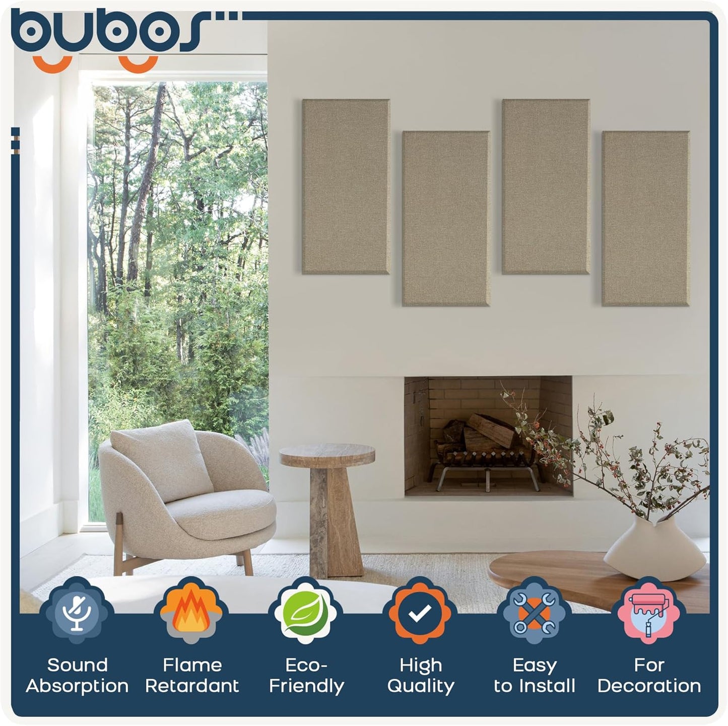BUBOS 4 PCS Fabric Acoustic Panels,23.6''x11.8''x2'' Sound Proof Panels for Walls,Self-adhesive Soundproof Wall Panels for Echo Absorption for Home Studio Office,Standard CavityPro Flaxen