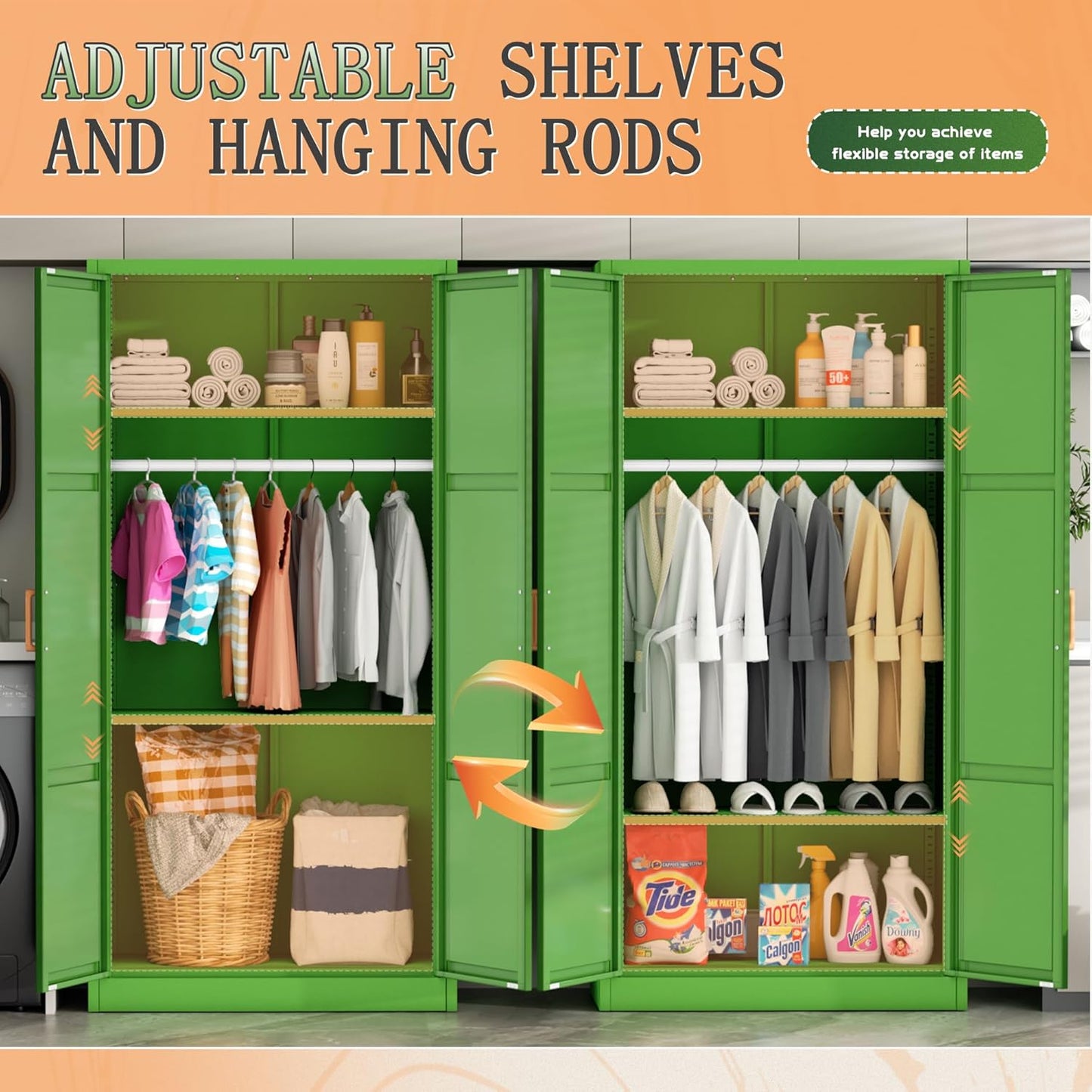 Greenvelly Metal Wardrobe Cabinet with Wooden Handle, 72" Metal Wardrobe Closet with Hanging Rods and Adjustable Shelves, Clothing Storage Closet Cabinet for Home, Office, Employee, Gym (Green)