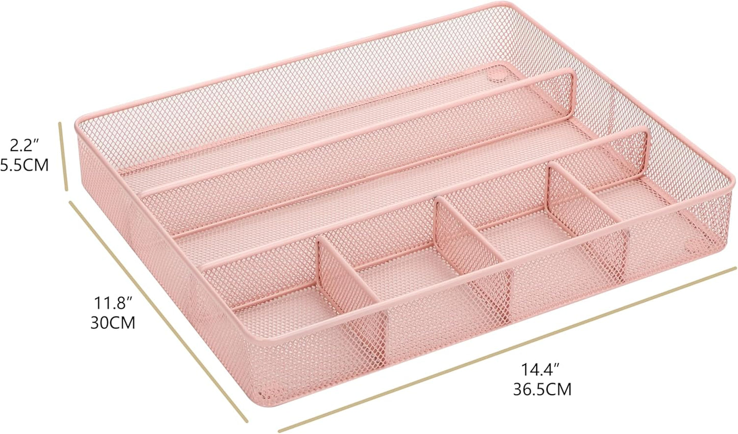 Annova Desk Top Organizer Tray for Office Organization - Metal Mesh - Storage Tray with Dividers for Pens, Desktop Accessories, Bathroom, Kitchen, Makeup and Office Supplies (Large, Light Pink)