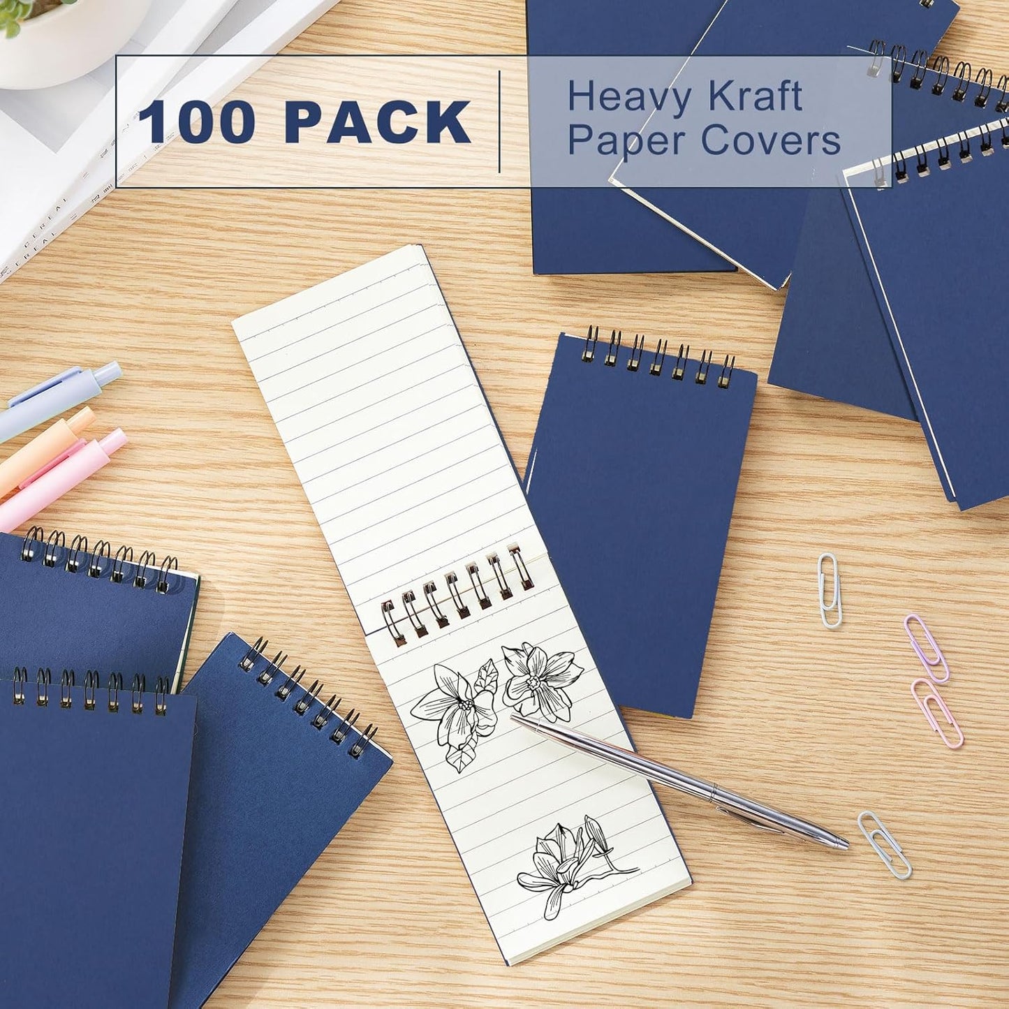 Tenceur 100 Pcs Pocket Notebook Bulk Small 3x5 Inch Spiral Notepads Mini Top Bound Notebook with Lined 120 Pages Ruled Memo Pads for Office College Nurse Essentials Back to School Gift (Blue)