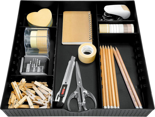 CAXXA 3 Slot Drawer Organizer with 4 Adjustable Dividers - Junk Drawer Storage for Makeup & Vanity, Office Desk Supplies and Accessories (BLACK, 1 PACK)