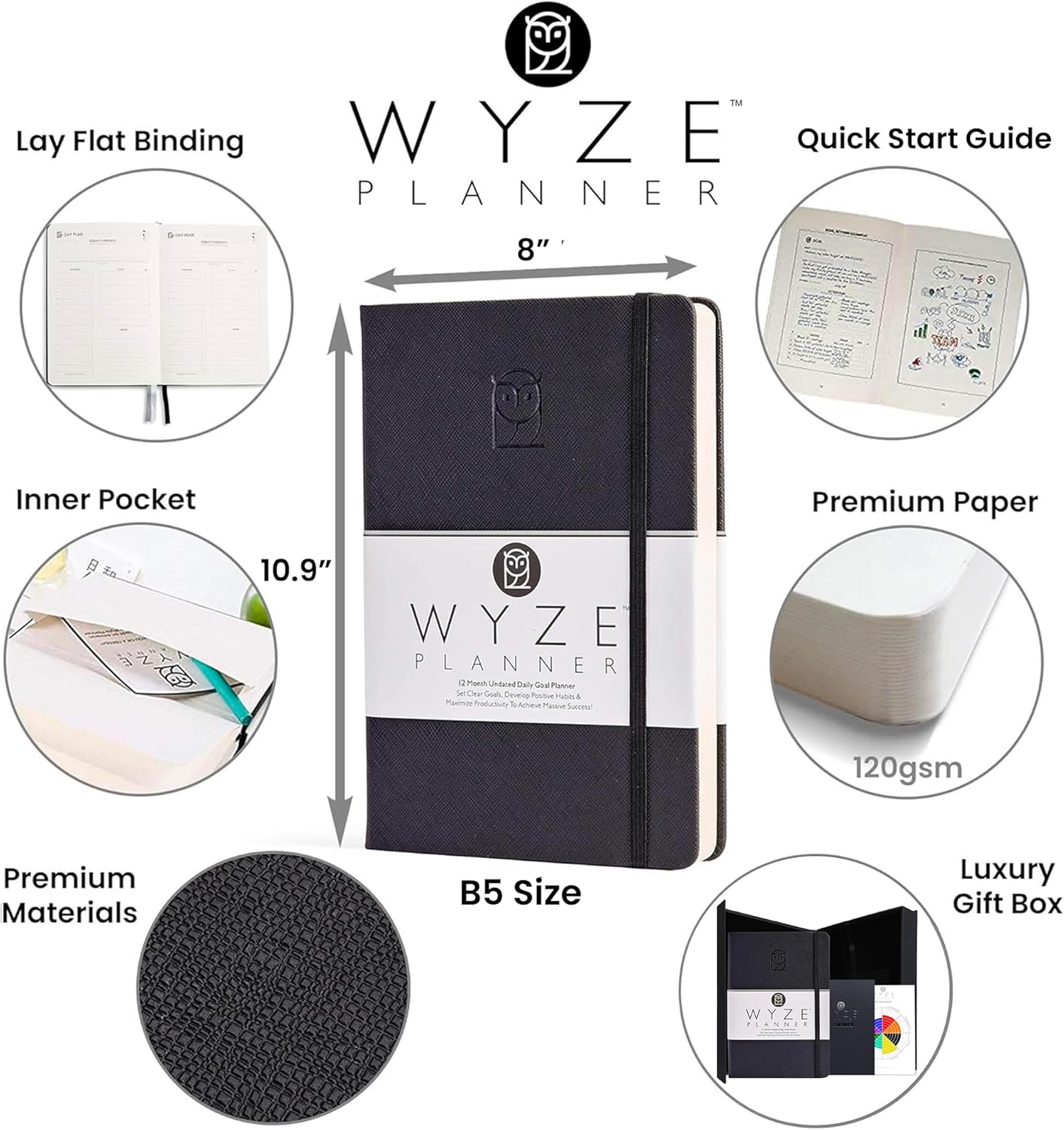 Undated Daily Planner – 1-Year B5 Productivity Organizer with Two-Page Weekly Spread, Goal Setting, Habit Tracker, Weekly & Monthly Pages – Hardcover Time Management Notebook (Black)