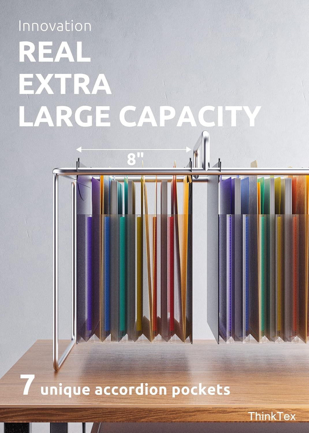 ThinkTex Plastic Expanding Hanging File Folders, 7 Innovative 1.2" Accordian Pockets, Large Capacity, Multi-Color Tabs, Letter Size for Filing Cabinet - 3 Packs