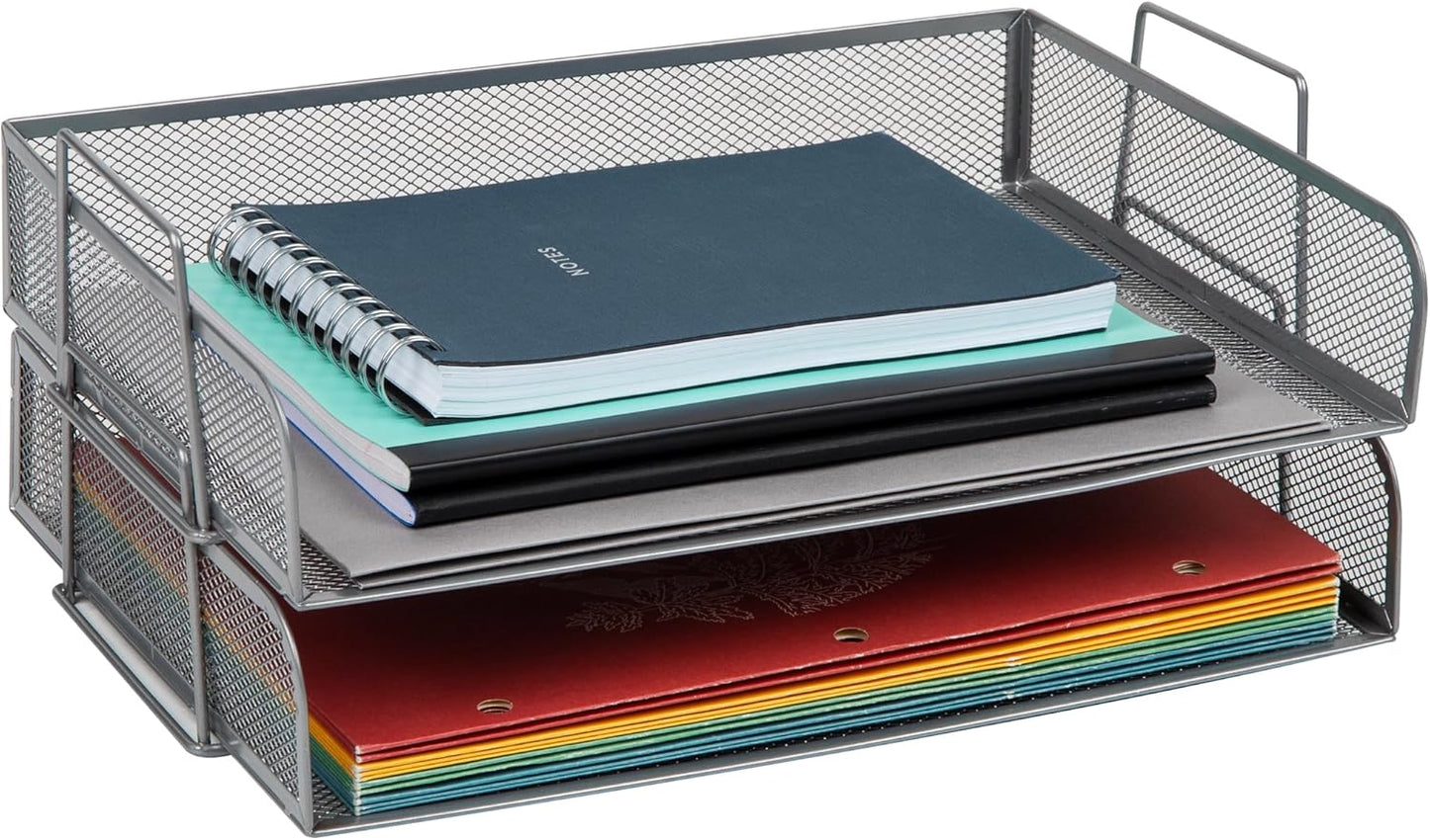Mind Reader Stackable Paper Tray, Desktop Organizer, File Storage, Office, Metal Mesh, 13.25" L x 9.75" W x 6.25" H, 2 Pcs., Silver